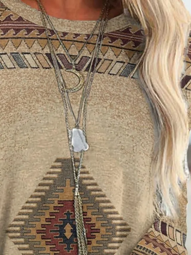 Women's Plus Size T shirt Tee Burgundy Tee Tunic Shirts Marron Yellow Light Green Geometric Plaid Print Long Sleeve Casual Vintage Tunic Ethnic Round Neck Regular Fit Bohemian Theme Geometric Fall