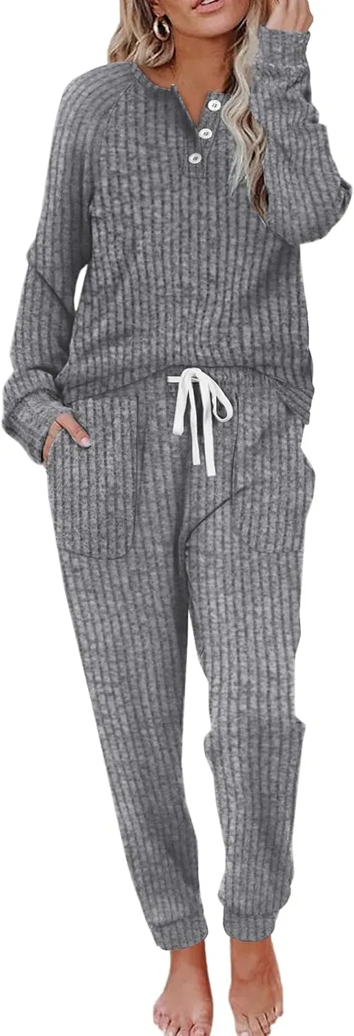 Two Piece Outfits for Women Lounge Sets Button Down Sweatshirt Sweatpants Sweatsuits Set with Pockets
