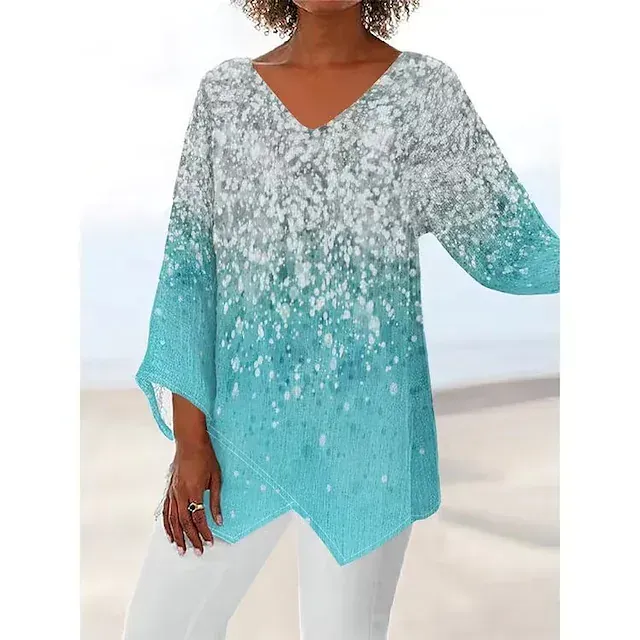 Women's Shirt Blouse Tunic White Red Blue Graphic Floral Asymmetric Print Long Sleeve