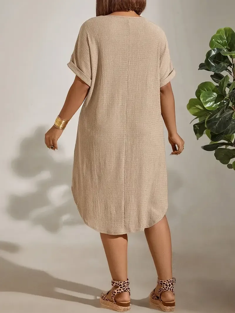 Plus Size Solid Simple Loose Dress - Casual Short Sleeve Dress For Spring & Summer - For Women - Made from Breathable Fabric - Perfect Gift for Women