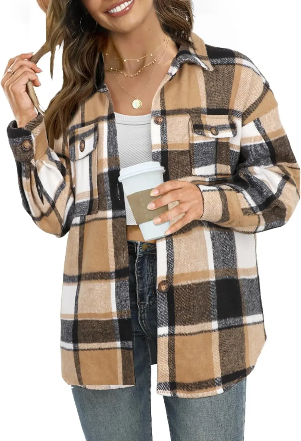 Women's Casual Plaid Flannel Shacket Jacket Oversized Button Down Long Sleeve Fall Shirts Jacket Lapel Coats Tops