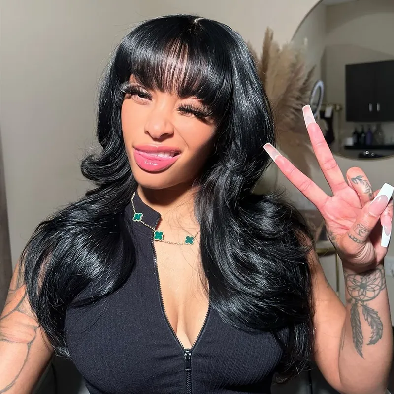 Double Drawn Wear Go Glueless Heavy Layers Choppy Bang Jet Black Body Wave Human Hair Wig
