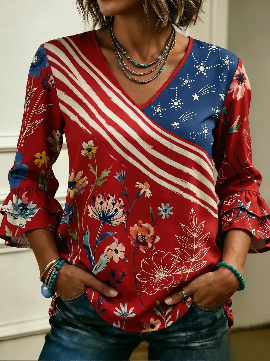 Women's Nashville Patriotic Floral Star Striped Printed Top