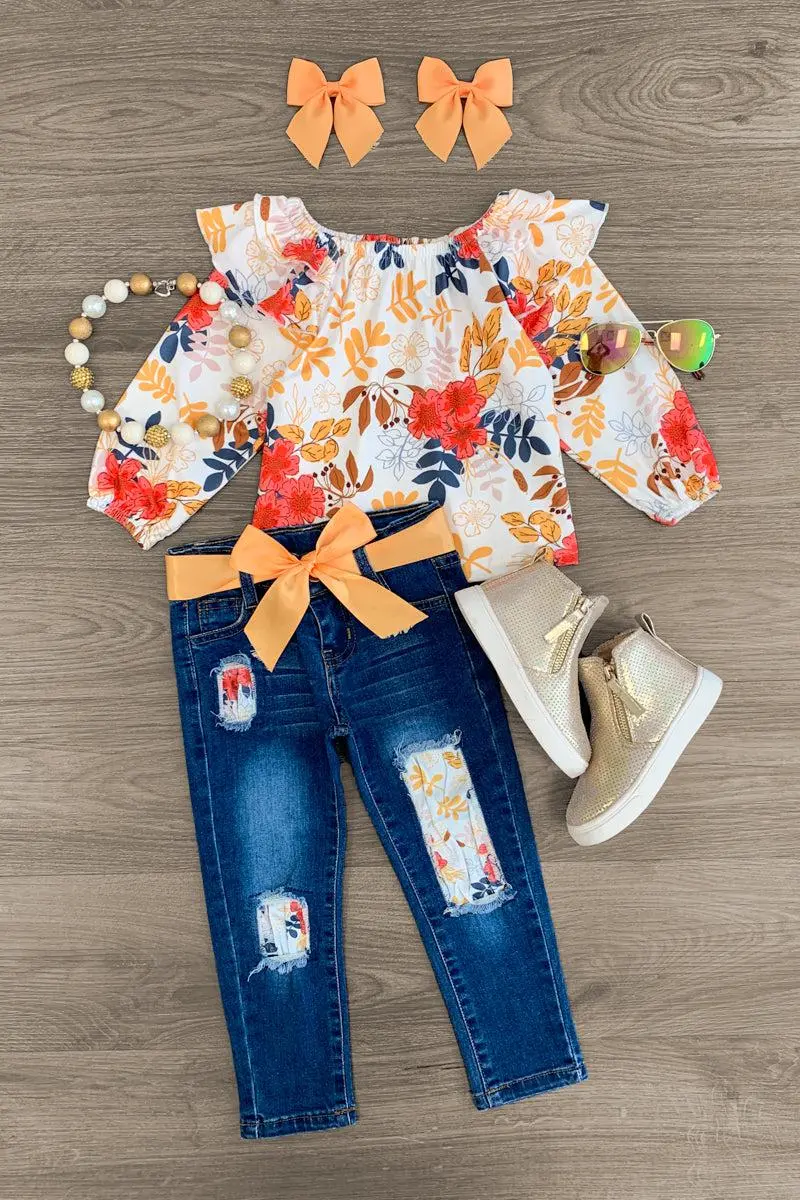 Colorful Fall Floral Distressed Denim Pant Set