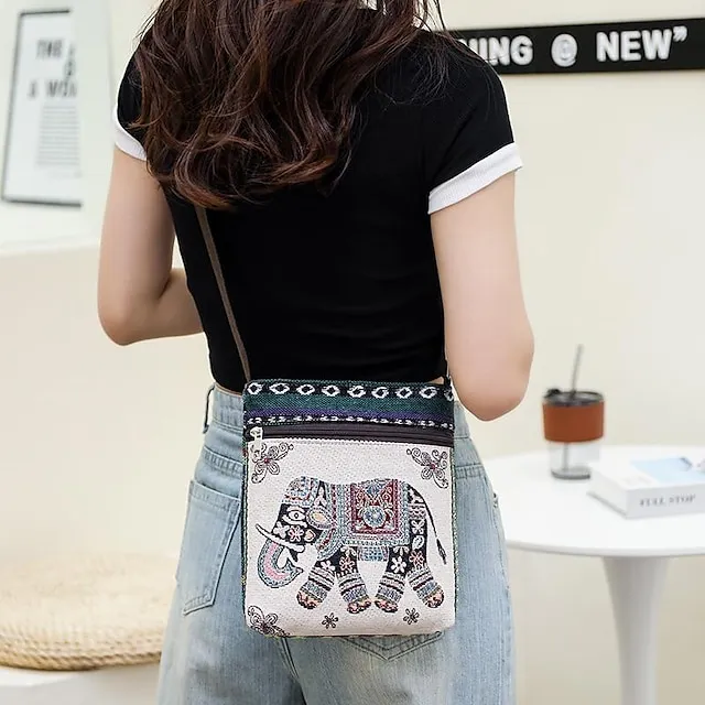 Women's Crossbody Bag Shoulder Bag Hobo Bag Polyester Daily Holiday Zipper Large Capacity Lightweight Durable Geometric Cat Folk [Small Size]Couple Cat [Trumpet] Yellow Elephant [Trumpet] Blue