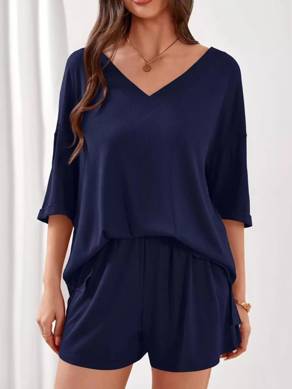 Casual V Neck Top Shorts Set