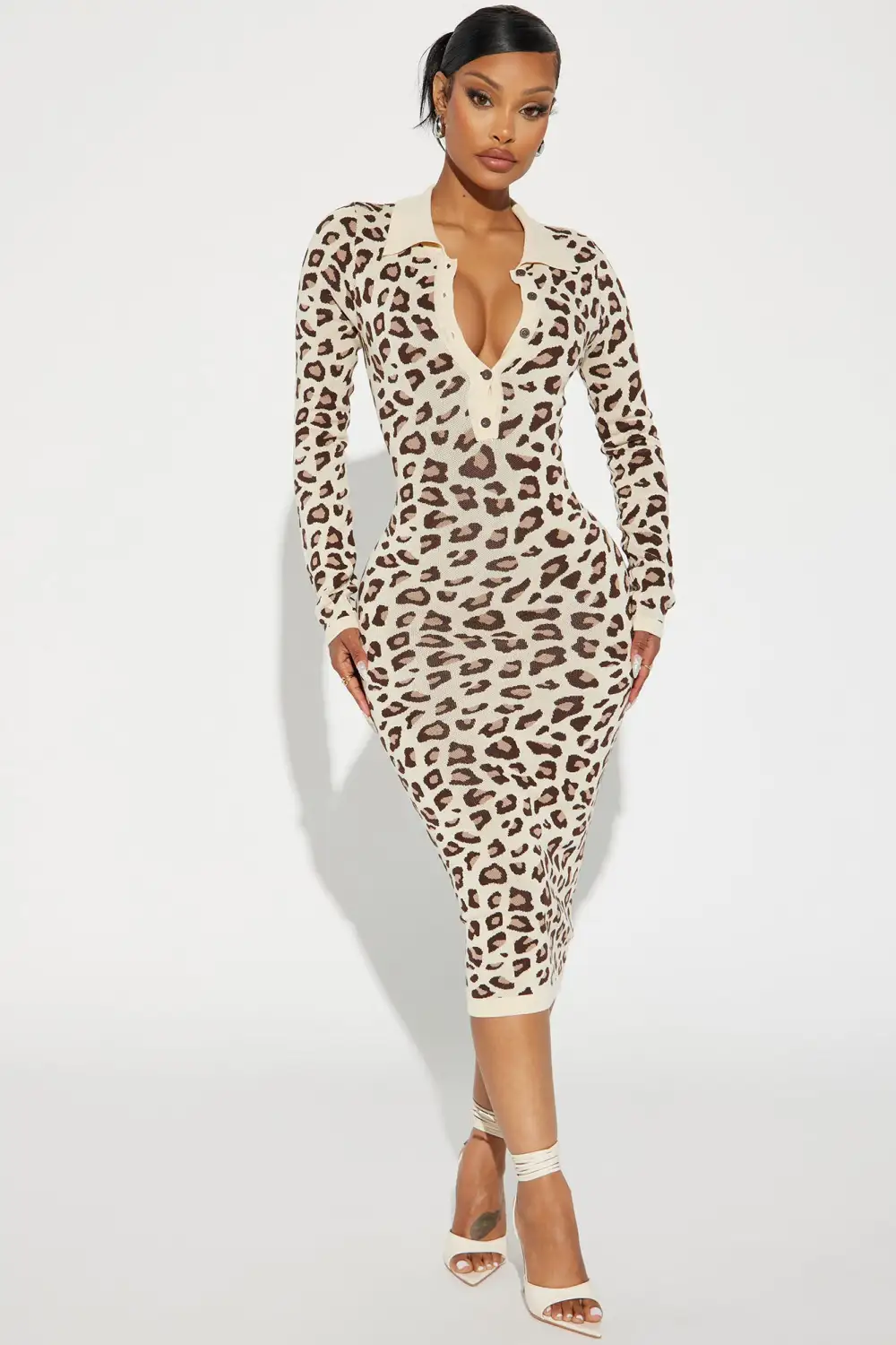 In The Streets Leopard Sweater Midi Dress - Cream/combo