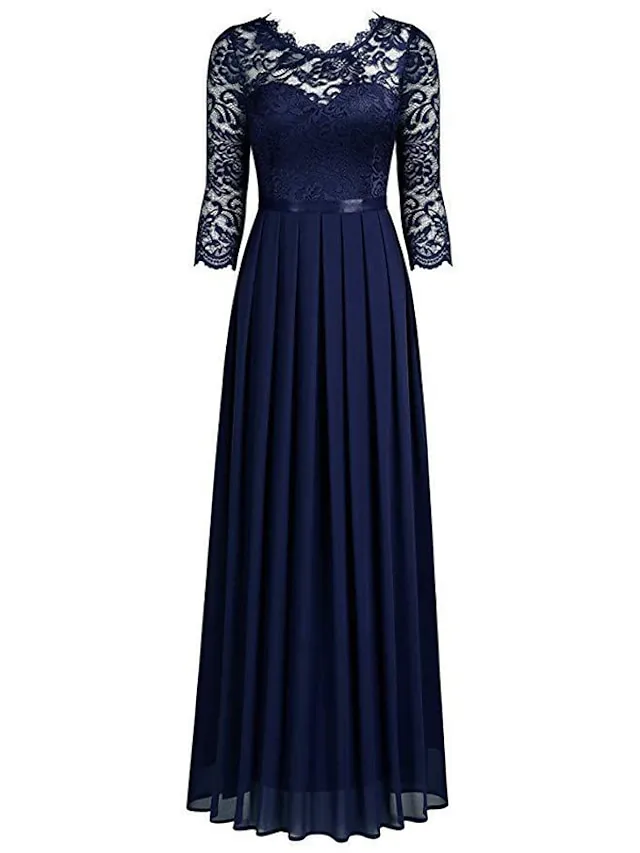 Women‘s Black Dress Prom Dress Black Lace Dress Party Dress Long Dress Maxi Dress Green 3/4 Length Sleeve Spring Fall Crew Neck Fashion
