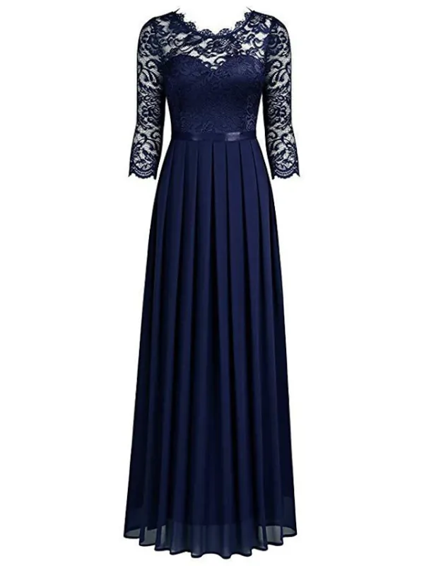 Women‘s Black Dress Prom Dress Black Lace Dress Party Dress Long Dress Maxi Dress Green 3/4 Length Sleeve Spring Fall Crew Neck Fashion