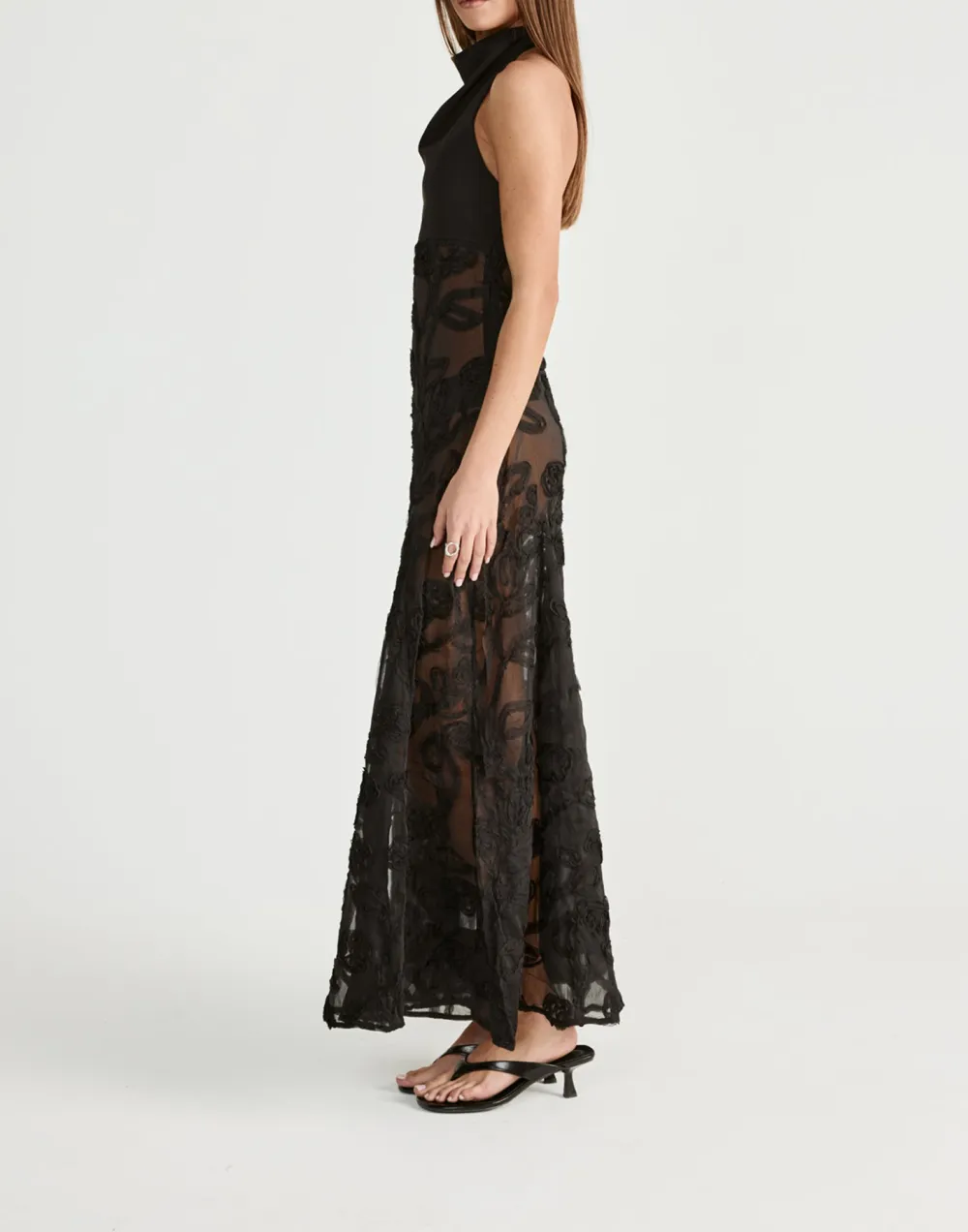 Fashion Floral Textured Open Back High Neck Dress