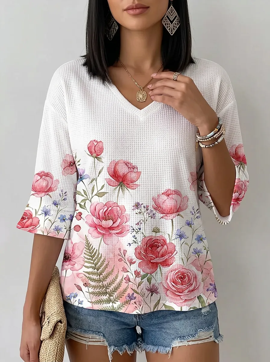 Women's Nashville Floral Watercolor Printed Waffle Knit Top