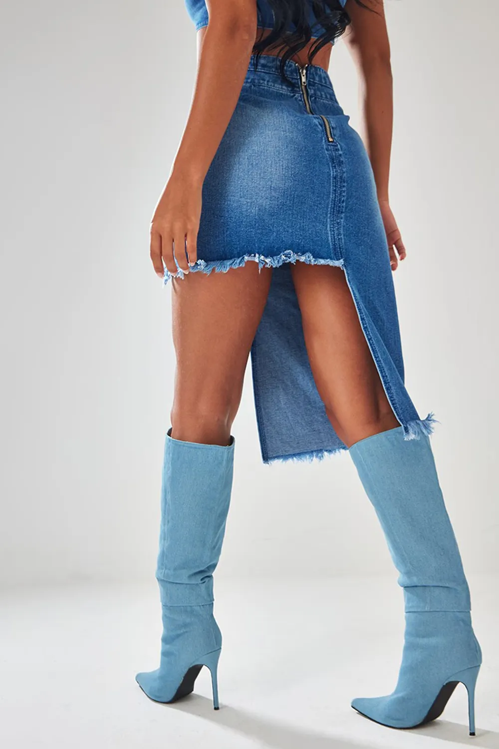 Indigo Blue Wash Raw Hem Asymmetric Denim Midi Skirt Set