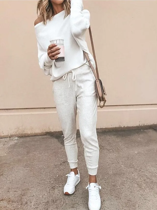 Women's Pullover Sweater jumper Jumper Knit Knitted Solid Color Boat Neck Basic Stylish Outdoor Home Winter Fall Gray White S M L / Long Sleeve / Casual / Going out / Loose Fit