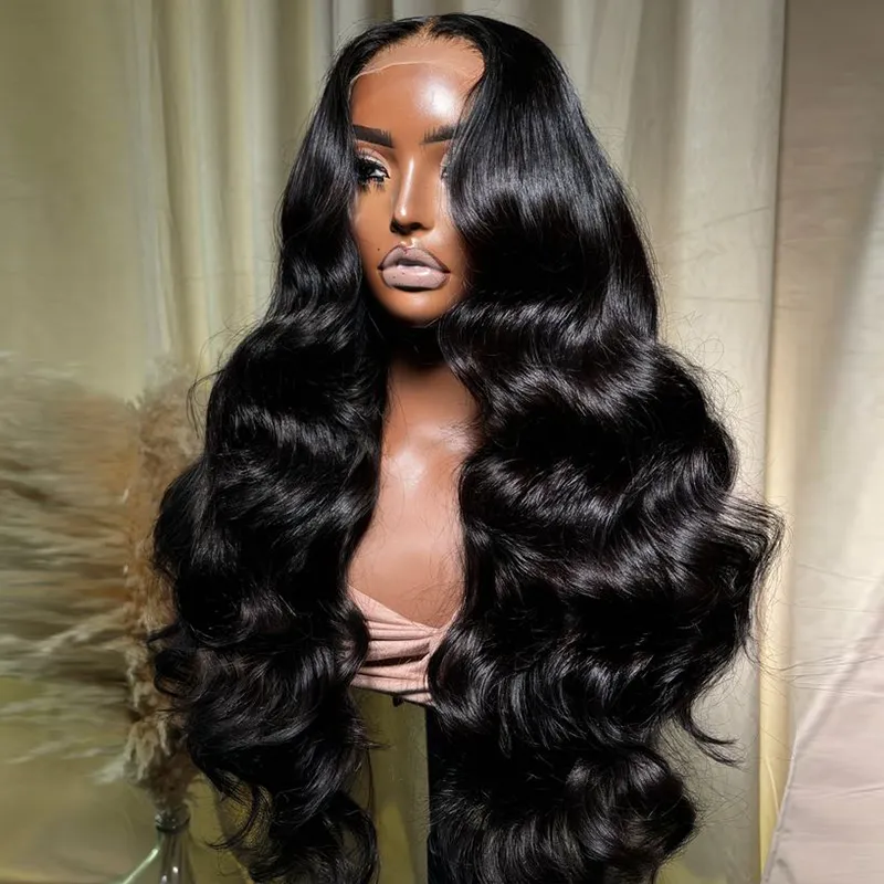 #1 Jet Black Raw Hair Super Double Drawn 13×6 Body Wave Full Lace Frontal Human Hair Wigs 250% Density