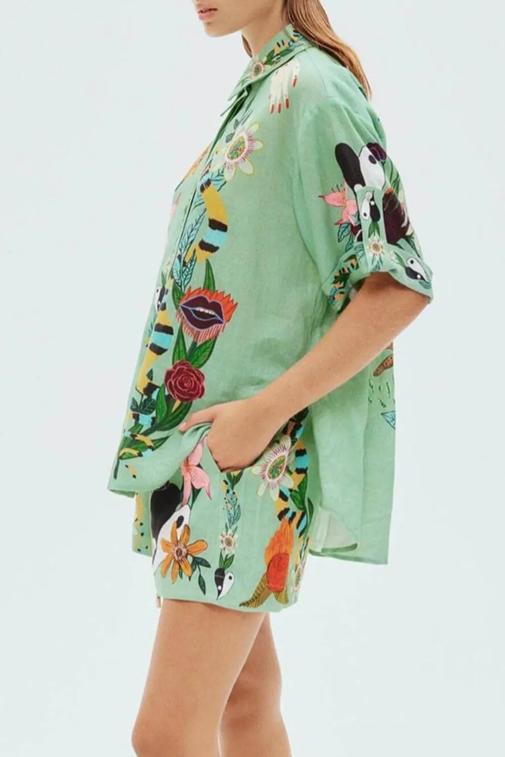 unique ethnic print loose shirt and shorts two piece set