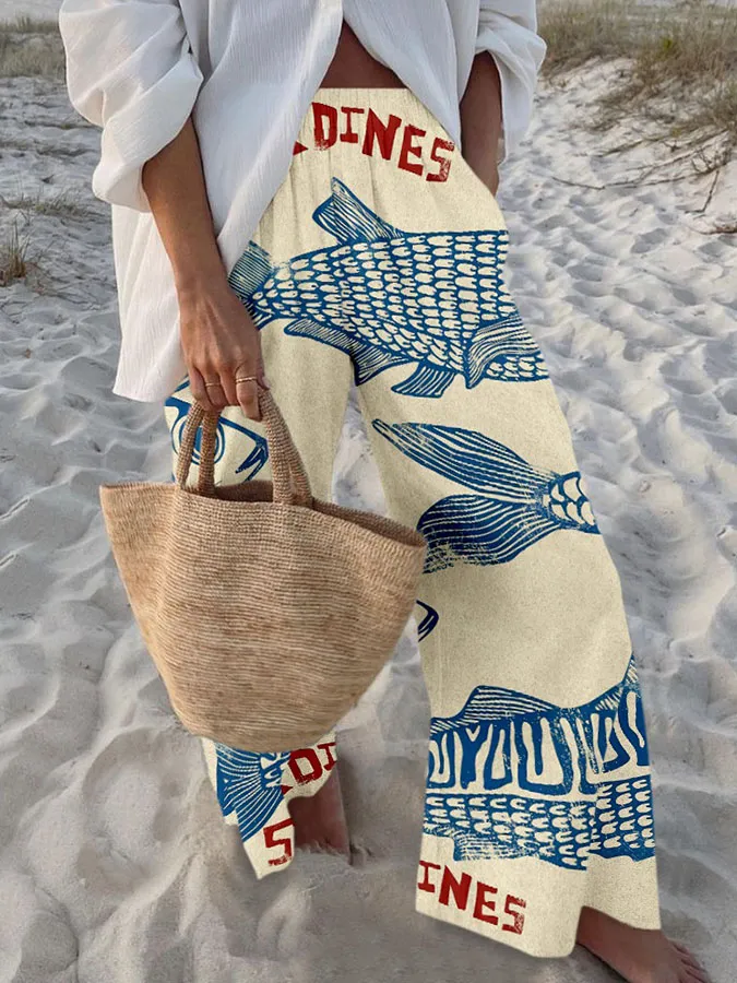 Women'S Retro Fish Pattern Unique Ocean Print Elastic Waist Loose Pocket Casual Pants