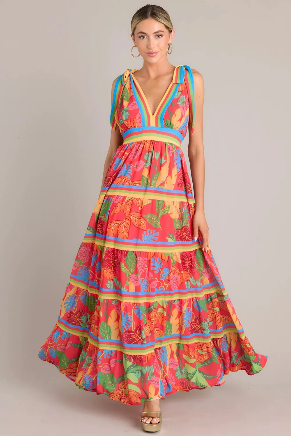 Flow Like Leaves Red Print Maxi Dress