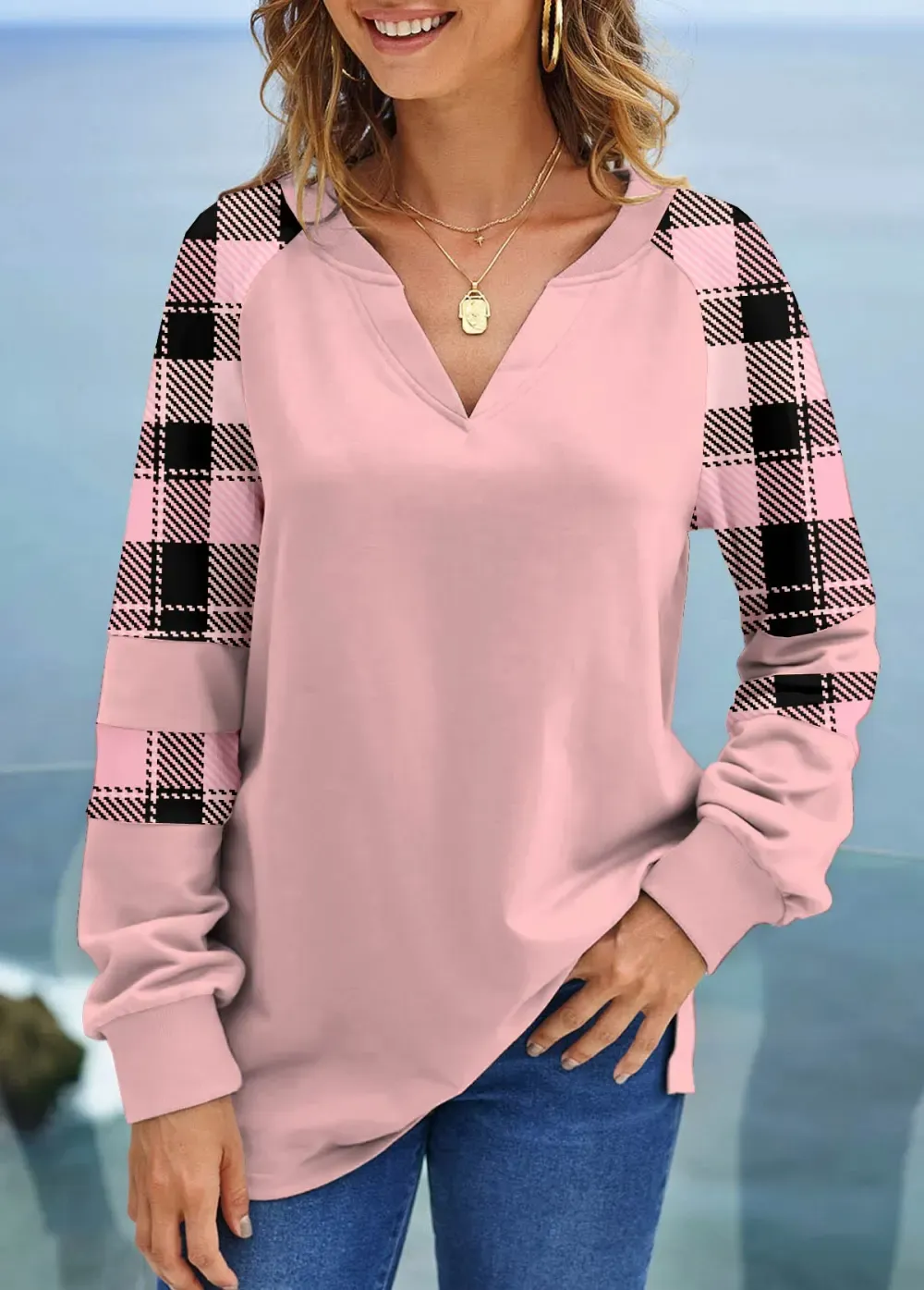 Mint Green Tartan Print Long Sleeve Sweatshirt