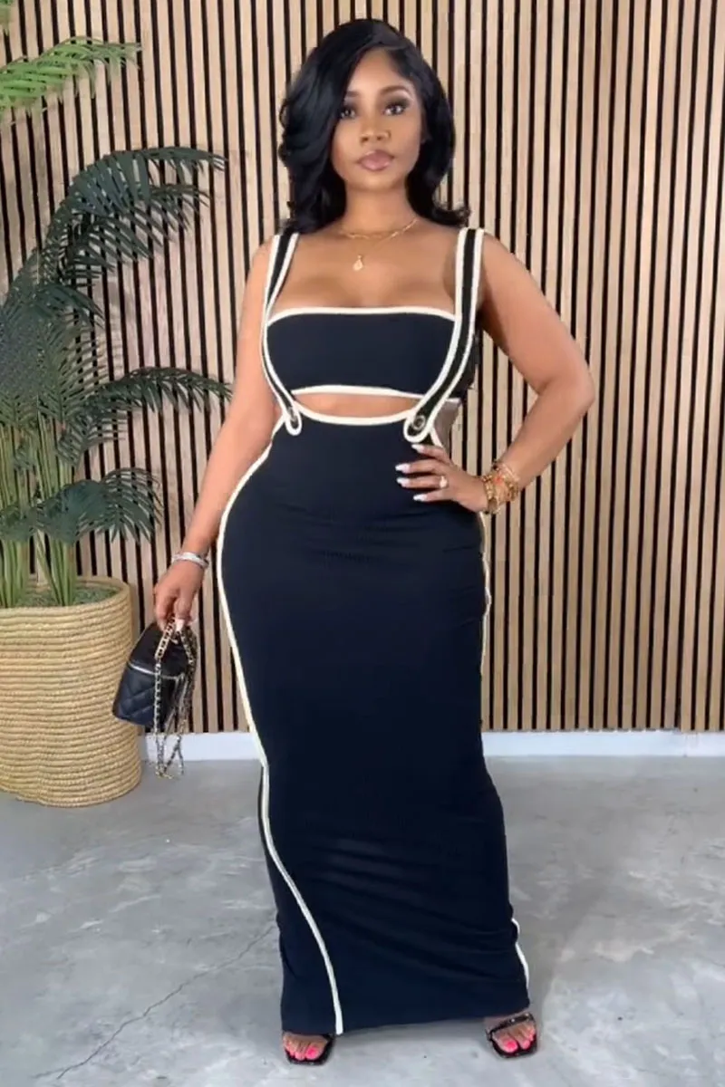 Colorblock Trim Crop Tube Top Bodycon Overall Maxi Dresses Matching Set-Black