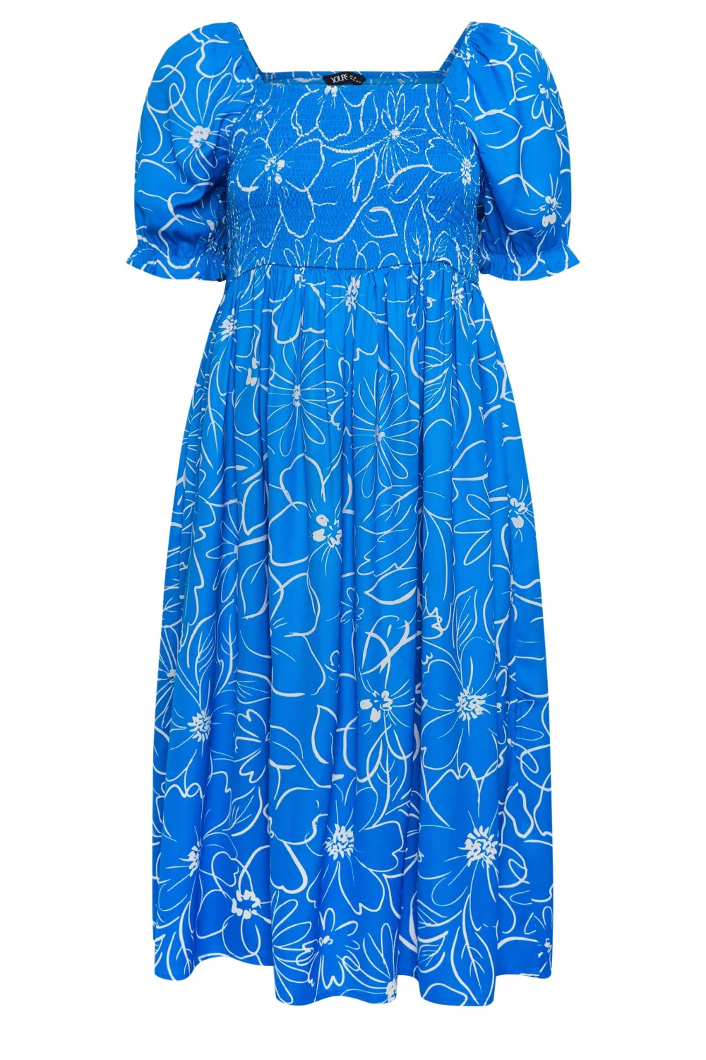 YOURS Curve Blue Floral Print Shirred Midaxi Dress