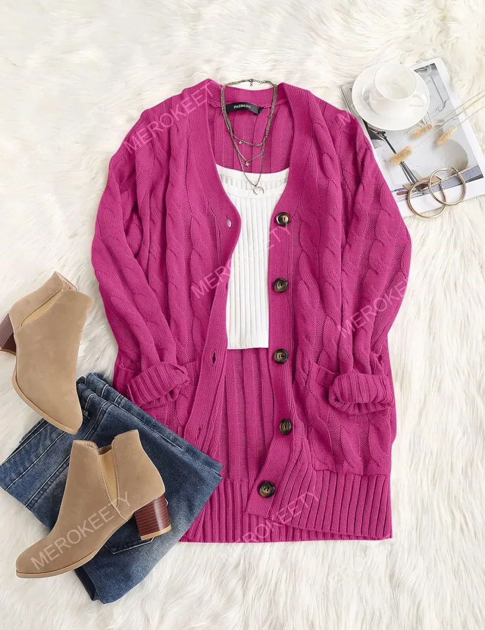 MEROKEETY Women's 2024 Fall Long Sleeve Cable Knit Sweater Open Front Cardigan Button Loose Outerwear