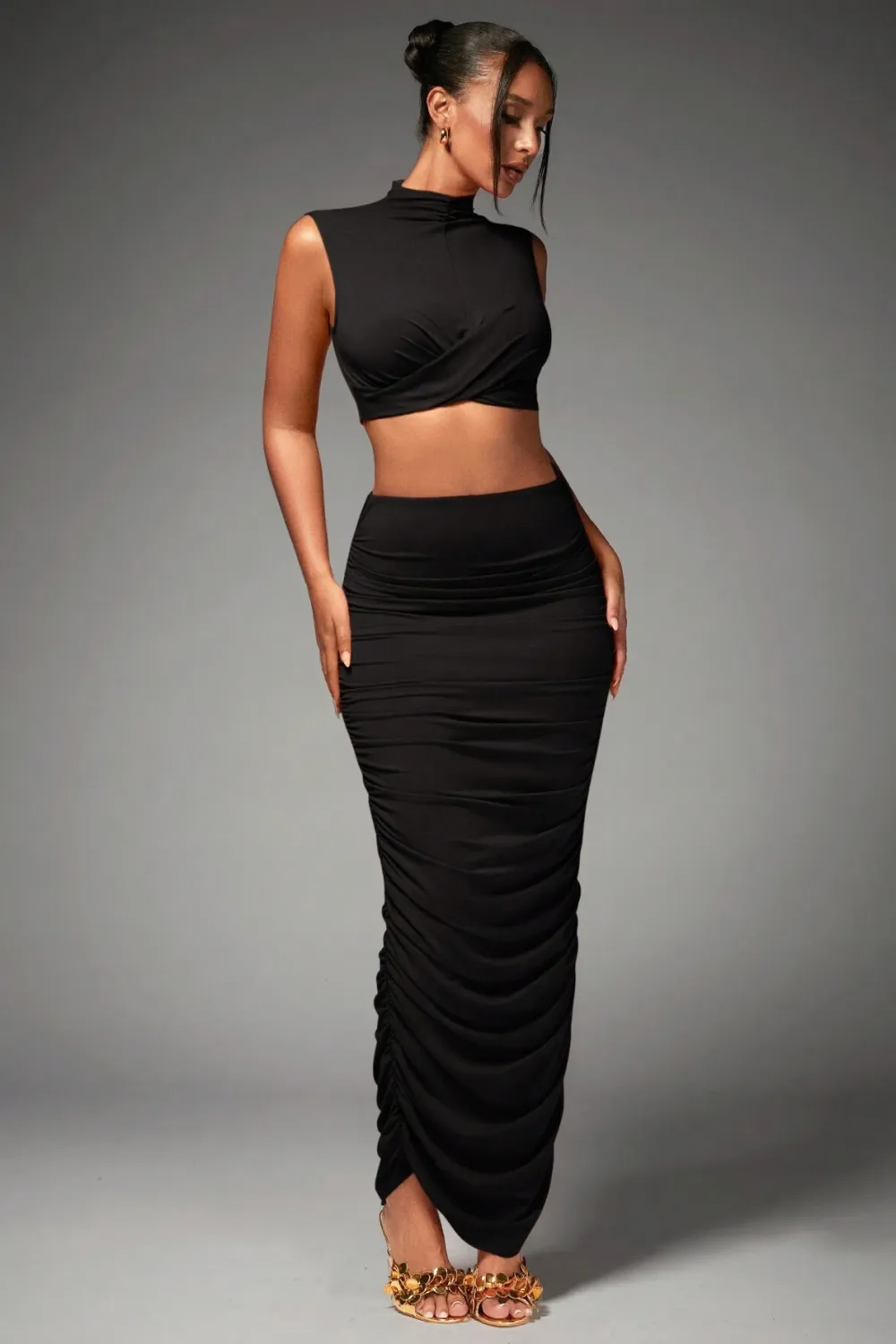 BAE Women's Mock Neck Pleated Crop Top And Skirt Set
