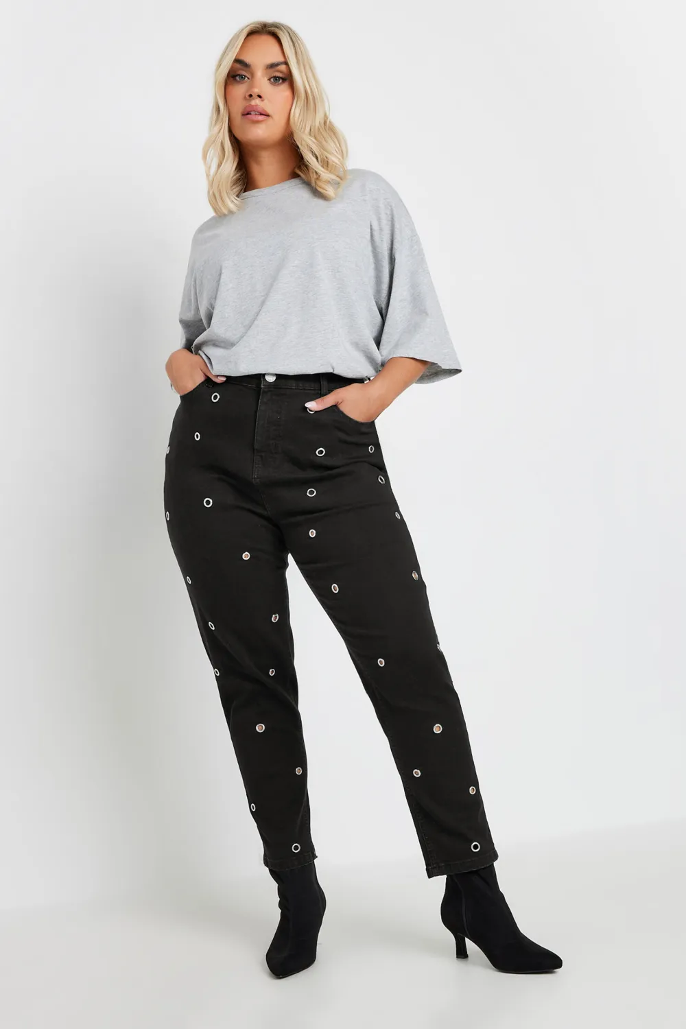 YOURS Curve Black Eyelet Detail Mom Jeans