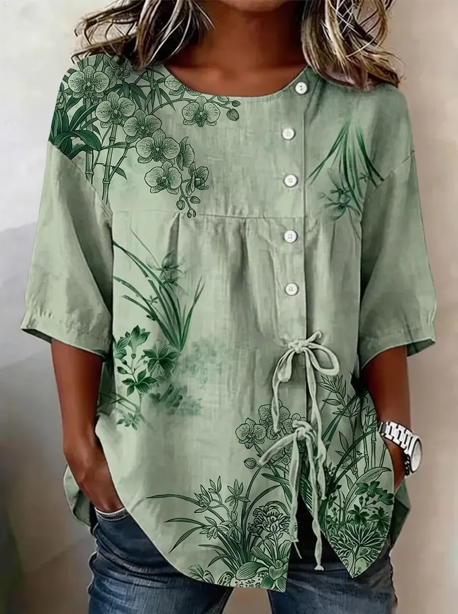 Women's Nashville Botanical Orchid Printed Button-Down Top