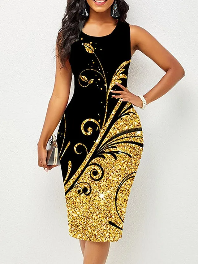 Women's Work Dress Sheath Dress Semi Formal Dress Fashion Midi Dress Print Crew Neck Sleeveless Floral Regular Fit White Yellow Red Spring Summer S M L XL XXL