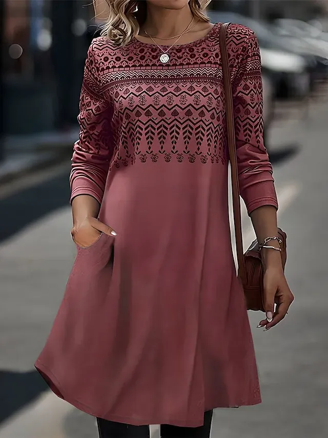 Women's Casual Dress T Shirt Dress Tee Dress Print Dress Geometric Color Block Pocket Print Crew Neck Midi Dress Fashion Streetwear Outdoor Daily Long Sleeve Regular Fit Blue Fuchsia Brown Spring Fall