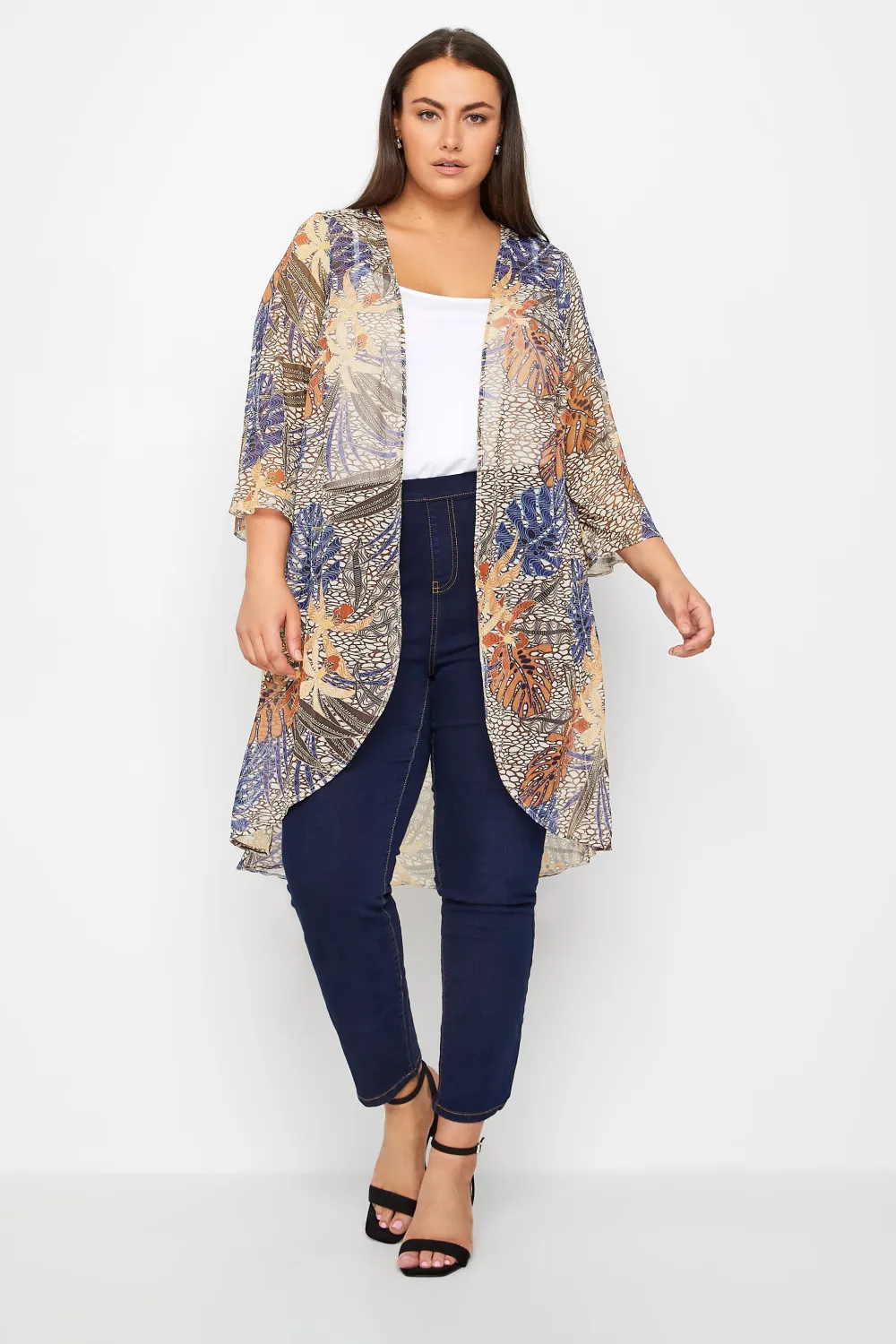Evans Beige & Blue Palm Print Kimono