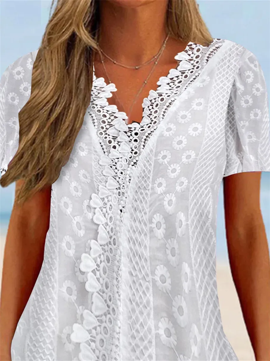 Women's Lace Short Sleeve V-neck Top