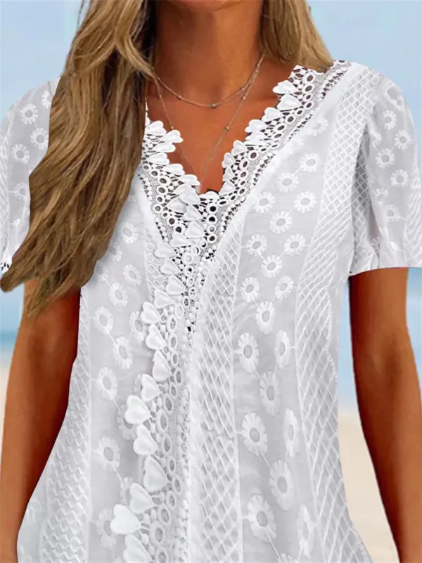 Women's Lace Short Sleeve V-neck Top