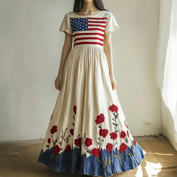 Flag Vintage Rose Floral Embroidered Women's Maxi Dress