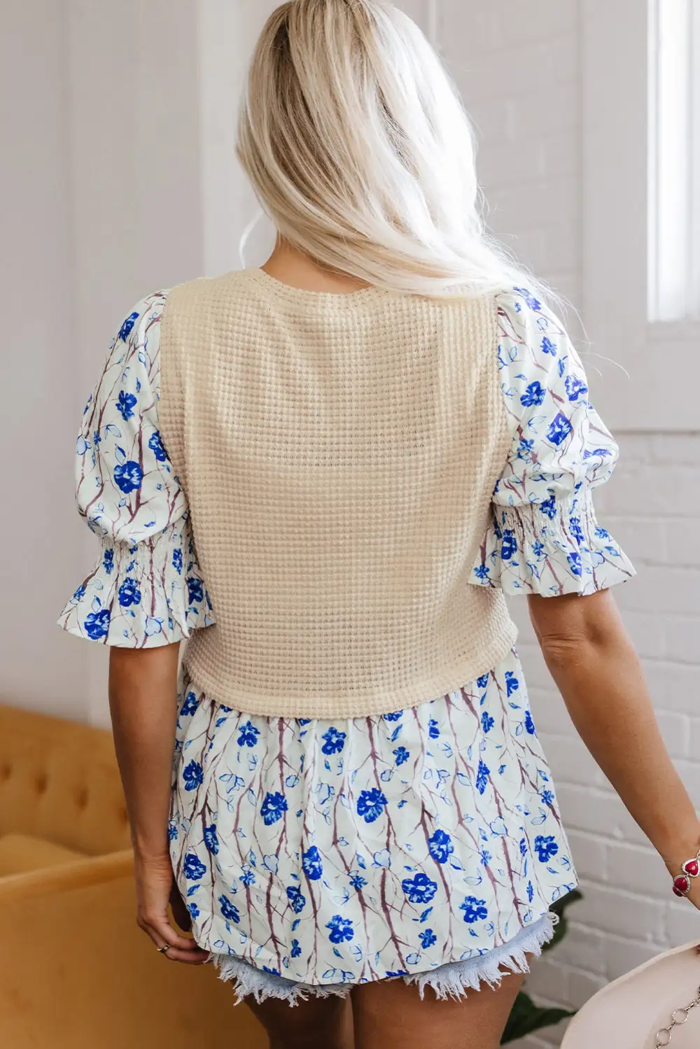 Floral Waffle Knit Patchwork Blouse
