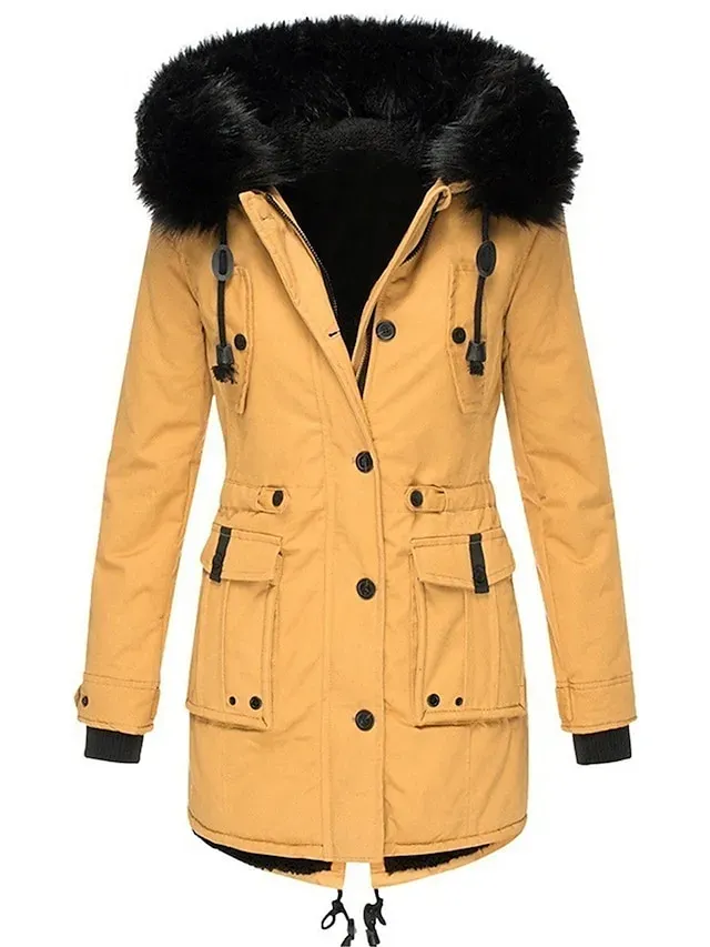 Women's Parka Winter Coat Mid-Length Puffer Jacket with Fur Collar Thermal Warm Heated Jacket Fleece Lined with Pockets Zip up Drwastring Hooded Outerwear Long Sleeve Fall Light Yellow Light Pink