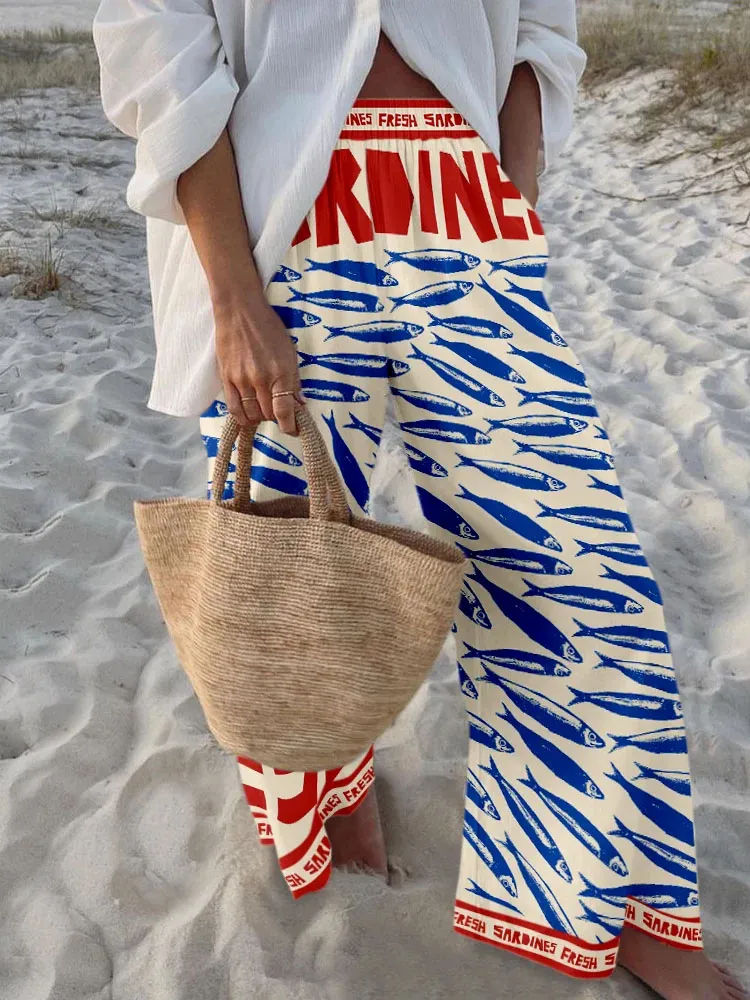 Women'S Retro Fish Pattern Unique Ocean Print Elastic Waist Loose Pocket Casual Pants