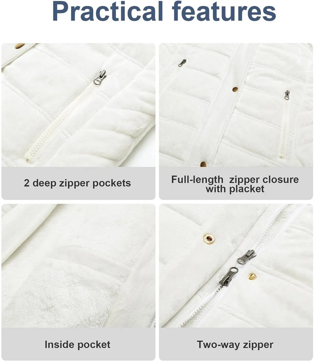 Women's Warm Winter Coat Velvet Puffer Jacket Quilted Faux Fur Hood
