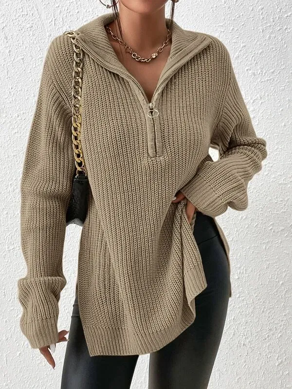 Half Zip Ribbed Knit Drop Shoulder Split Hem Sweater