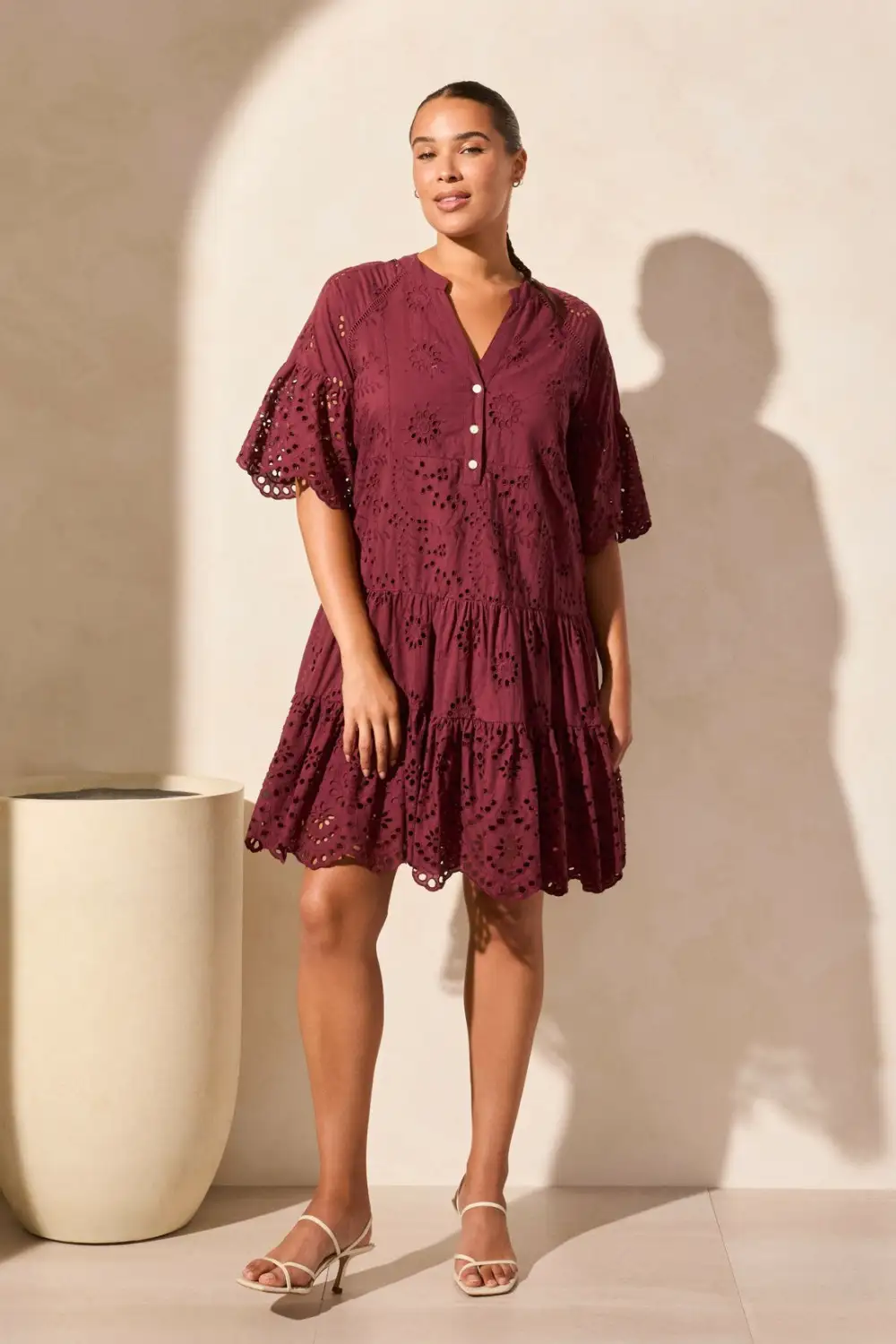 Cotton Eyelet Ruffle Short Sleeve Tiered Dress-Maroon