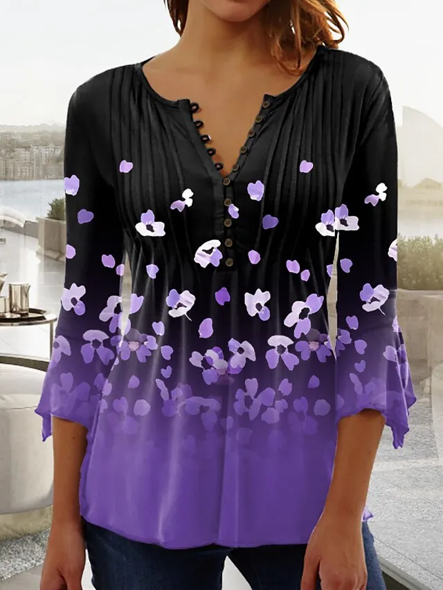 Women's Plus Size Shirt T shirt Tee Blouse Graphic Polka Dot Flower Denim Blue Grass Green Black Button Print Long Sleeve Casual Weekend Basic Round Neck Regular Fit Spring Fall