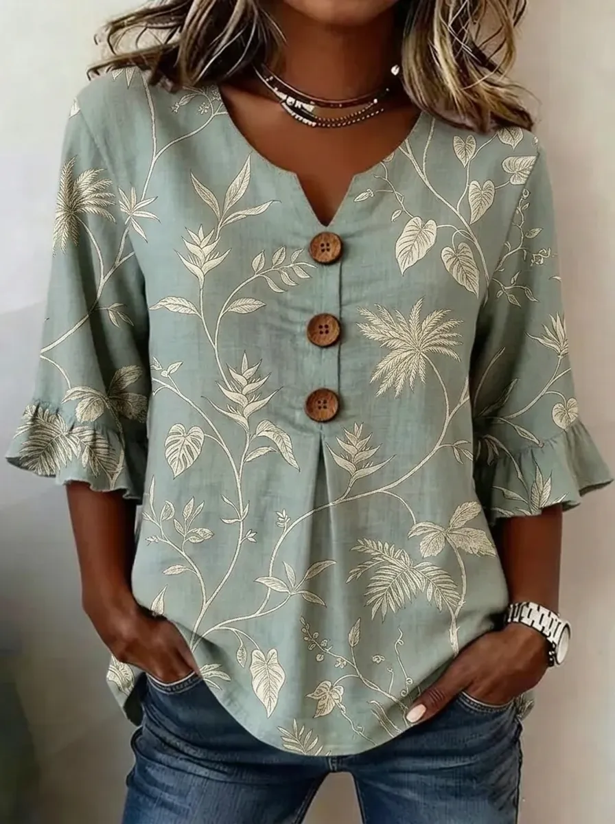 Women's Nashville Botanical Palm Leaf Printed V-Neck Button Top