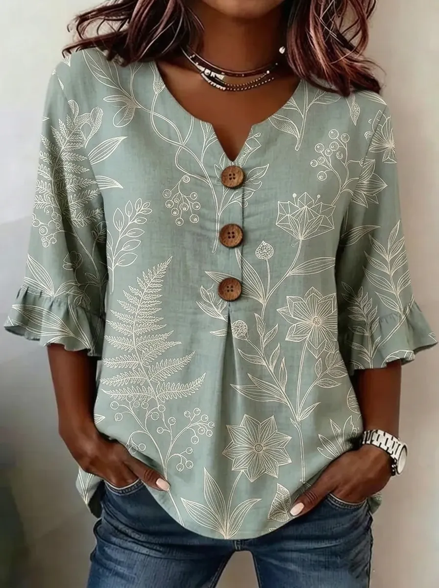 Women's Nashville Botanical Floral Printed V-Neck Ruffle Sleeve Top
