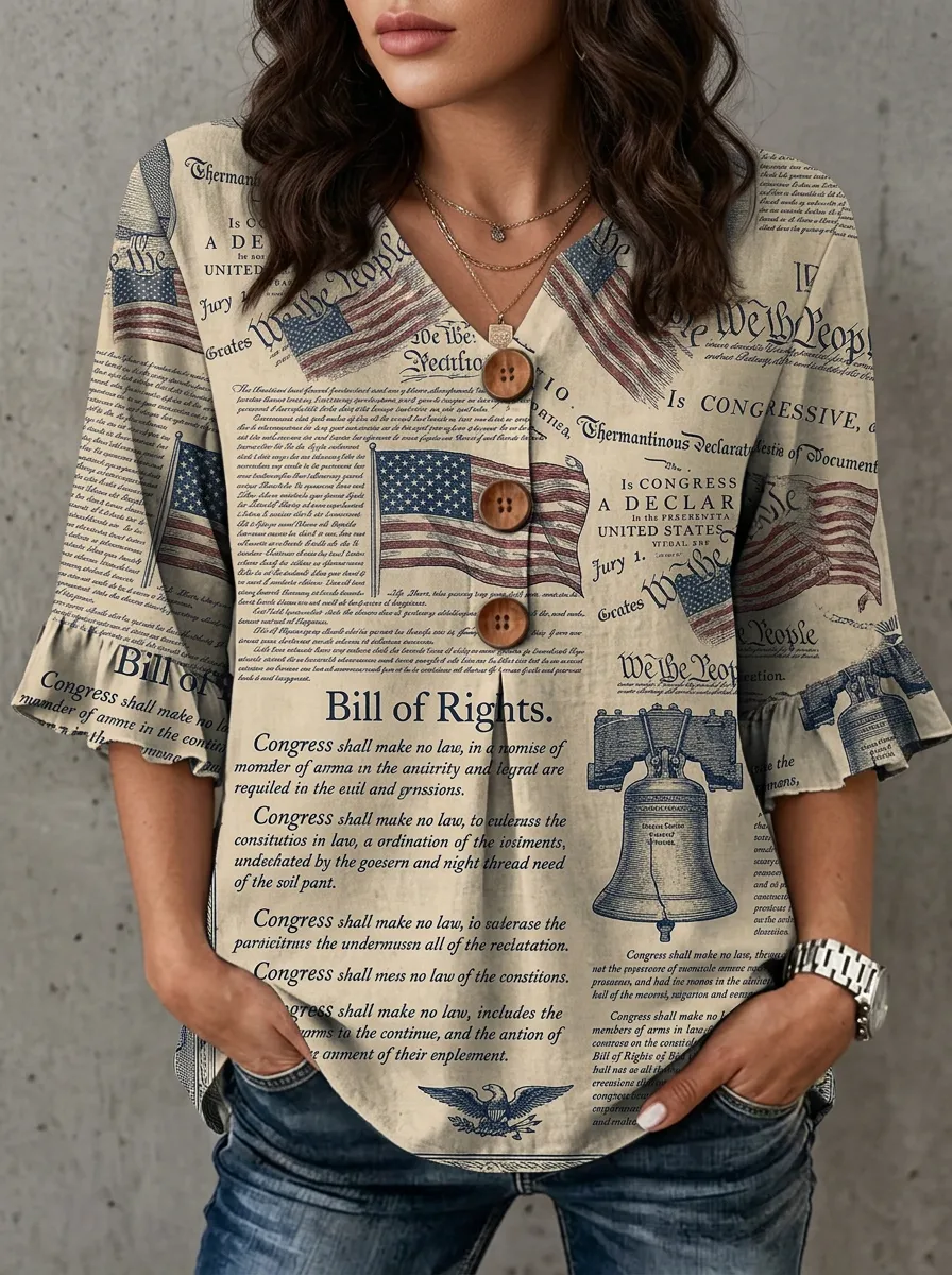 Women's USA Patriotic Bill of Rights Flag Printed V-neck Top