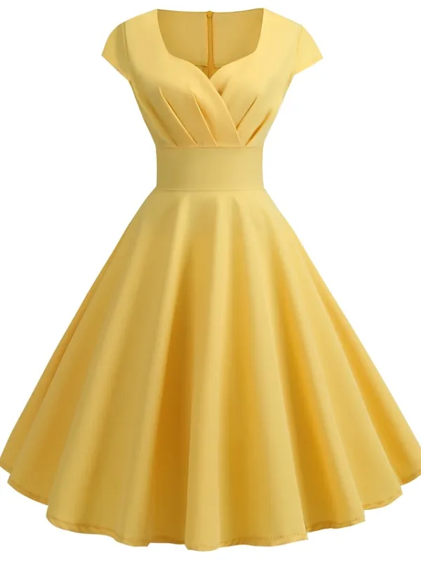 Women's Swing Dress Vintage Tea Dresses Midi Dress Black Yellow Pink Short Sleeve Pure Color Ruched Spring Summer Crew Neck Vintage Daily Weekend Slim S M L XL XXL