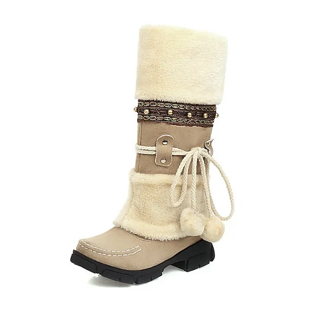 Women's Boots Snow Boots Plus Size Outdoor Daily Fleece Lined Knee High Boots Winter Bowknot Pom-pom Chunky Heel Round Toe Casual Industrial Style PU Lace-up Black Purple Brown