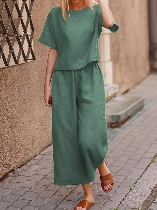 Women's Loungewear Sets 2Pcs Pure Color Short Sleeve Shirts and Wide Leg Pants Casual Comfort Home Daily Polyester Spring Summer Orange Red Navy