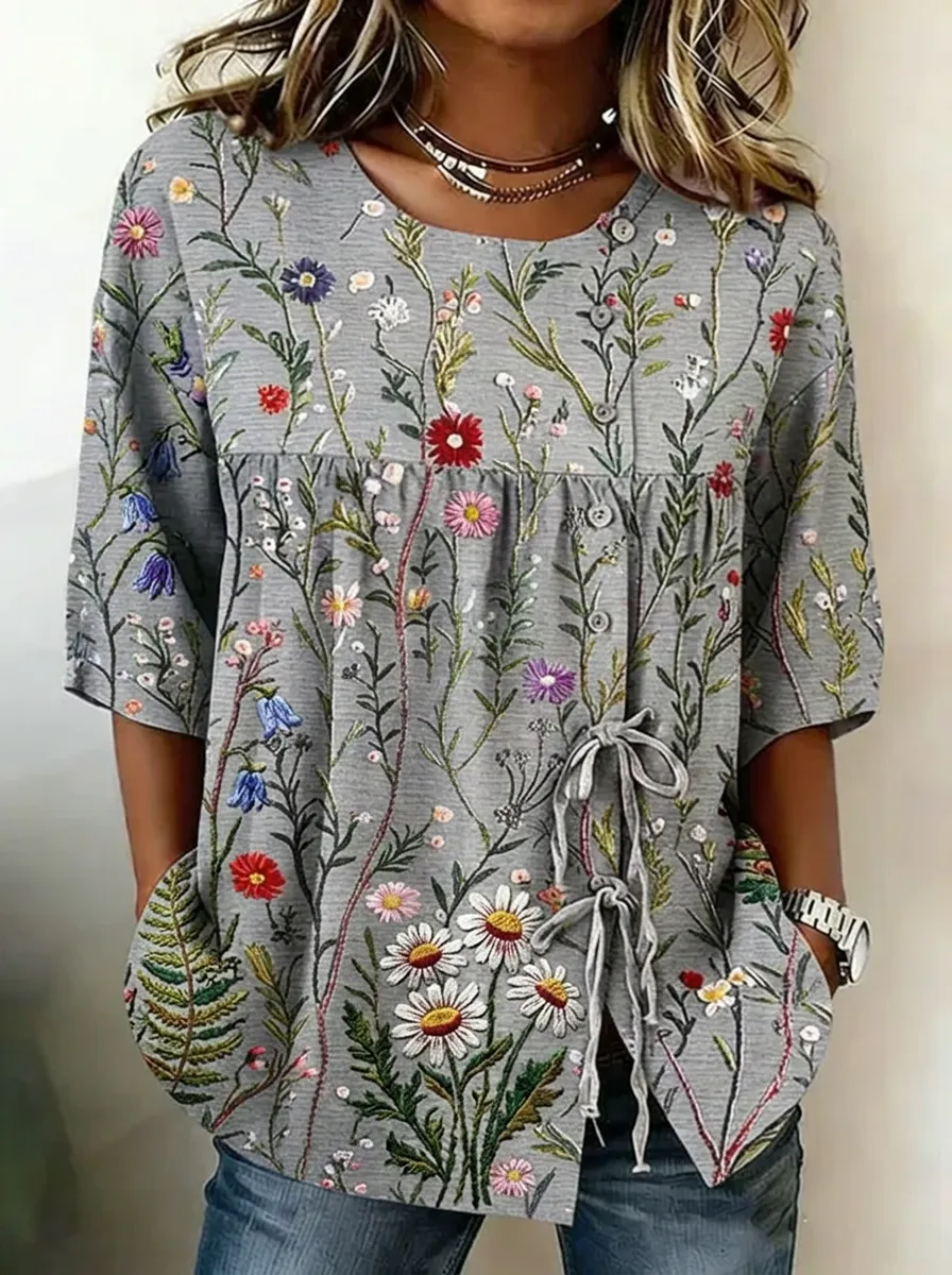 Women's Nashville Wildflower Botanical Printed Button-Down Top