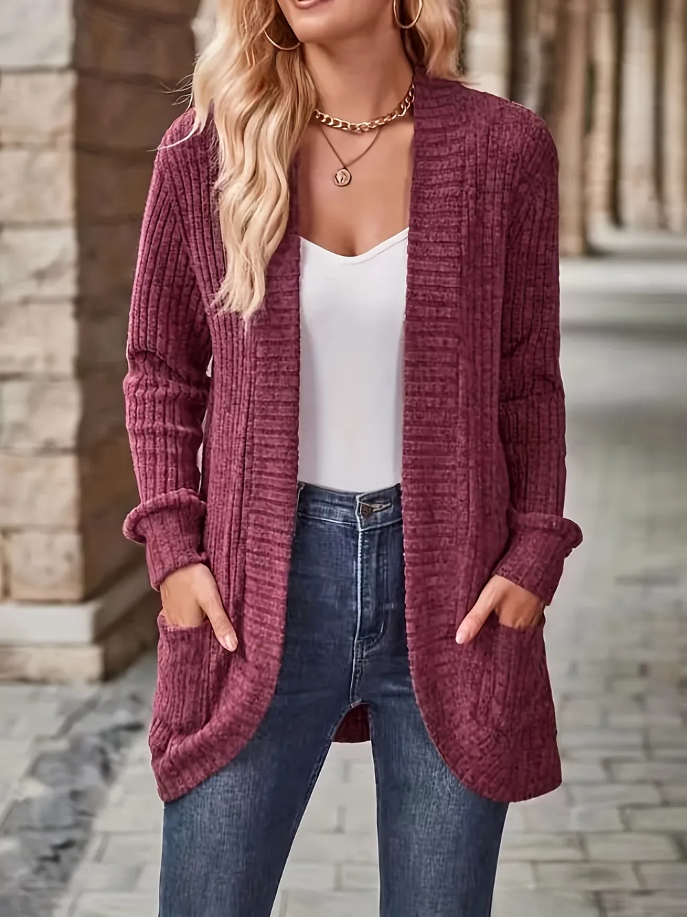 Relaxed Open Front Cardigan Casual Long Sleeve Drop