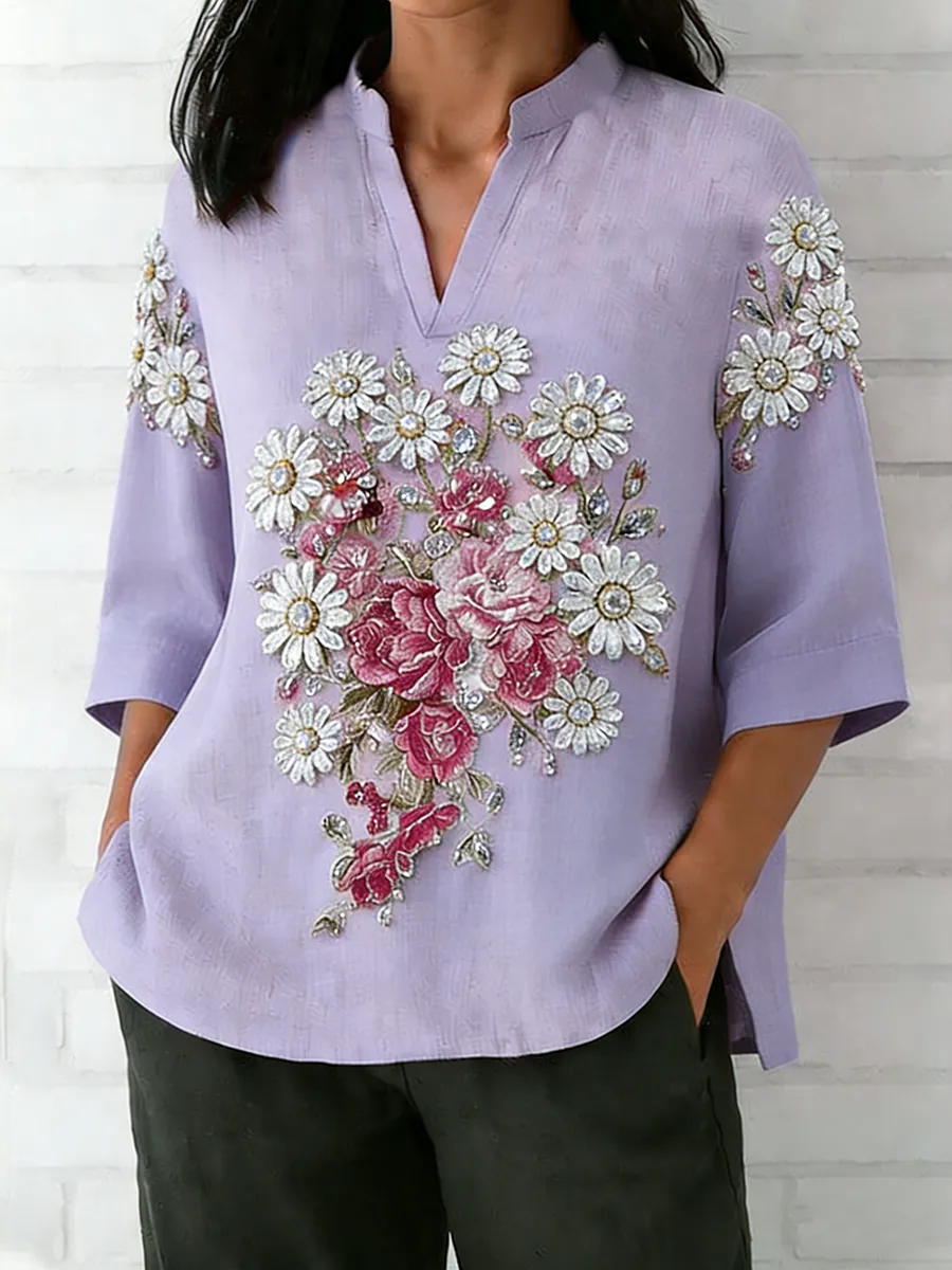 Women's Retro Daisy Flower Embroidery Art Linen Blended V-neck Top